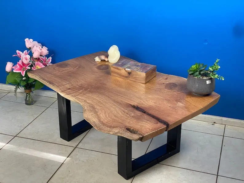 Handmade Silky Oak Coffee Side Table, Black Metal Legs