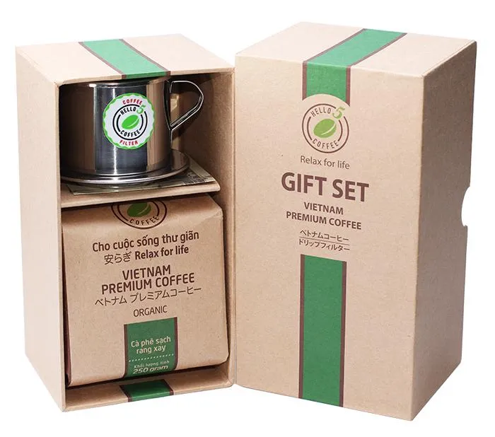 Hello 5 Organic Blend Premium Vietnamese Ground Coffee and Stainless Steel Drip Filter Gift Set