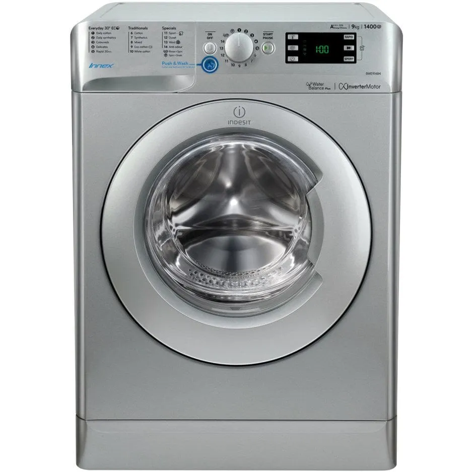 Indesit BWE91484 Freestanding Washing Machine 9kg Load 1400rpm Spin, Silver