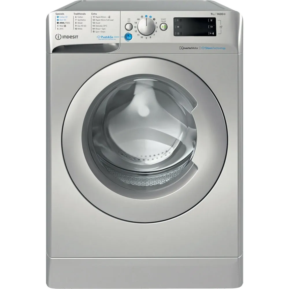 Indesit BWE91496XSV Washing Machine, 9kg, 1400 Spin, Silver, A Rated