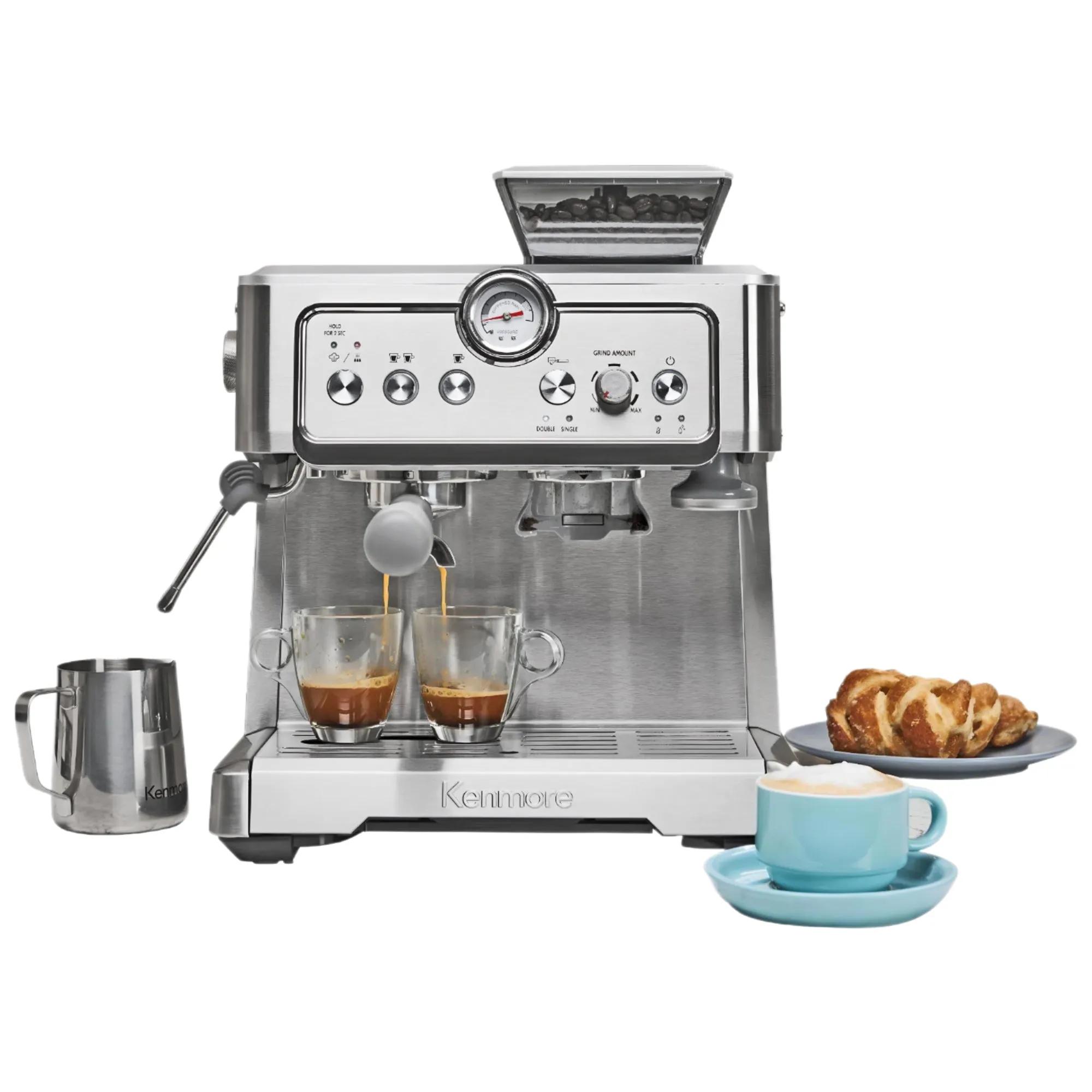 Kenmore Espresso Machine With Grinder And Milk Frother, 15 Bar Semi Automatic Espresso Coffee Maker, All In One Cappuccino And Latte Machine For The Home Barista, Brushed Stainless Steel