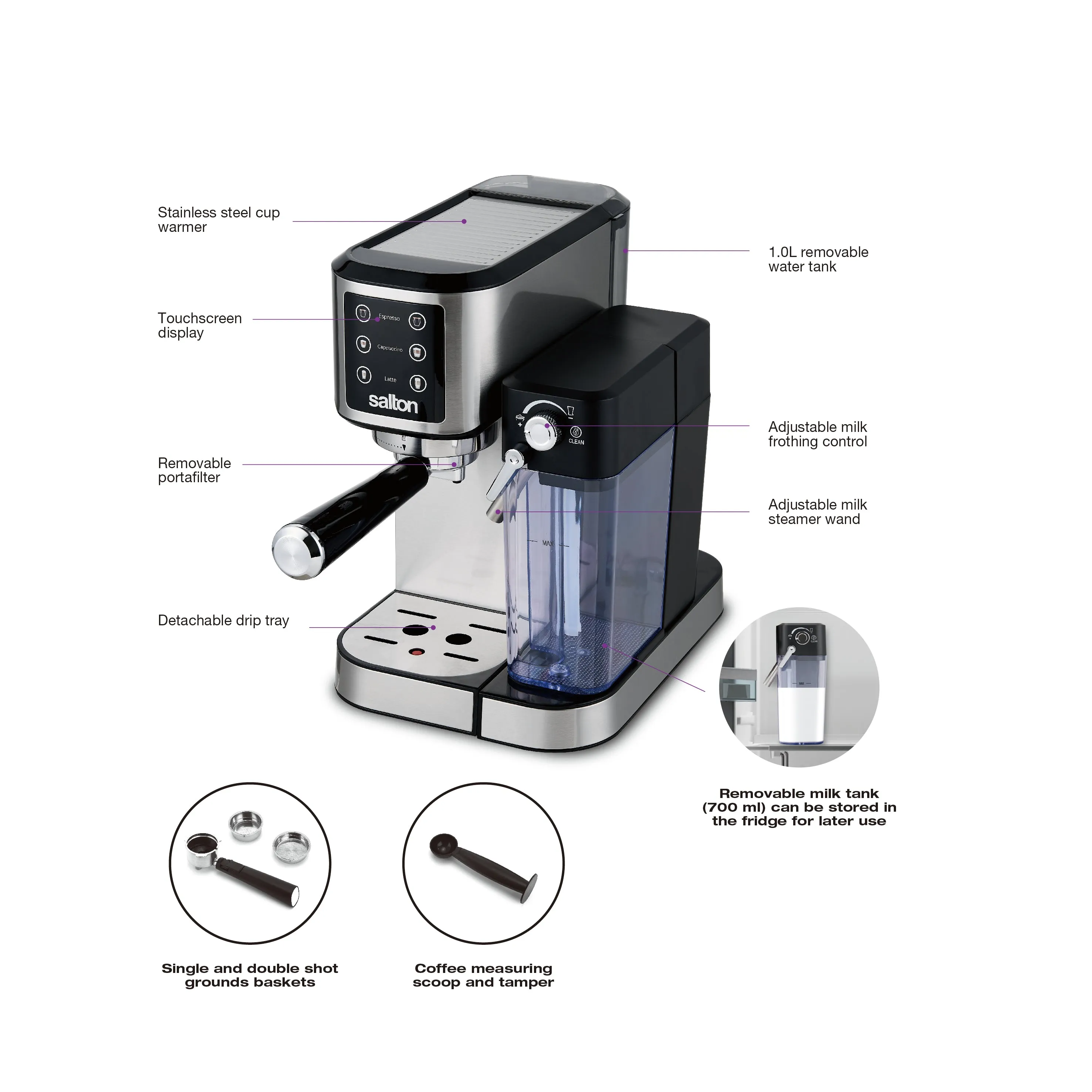 Salton Barista  3-in-1 Espresso, Cappuccino & Latte Machine with Milk Removable Container