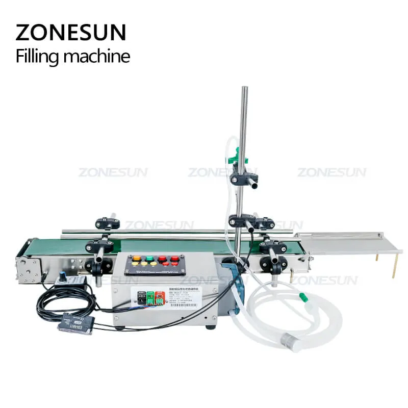 ZS-DTPP100C Single Nozzle Small Scale Glass Bottle Vial Perfume Liquid Filling Machine With Conveyor