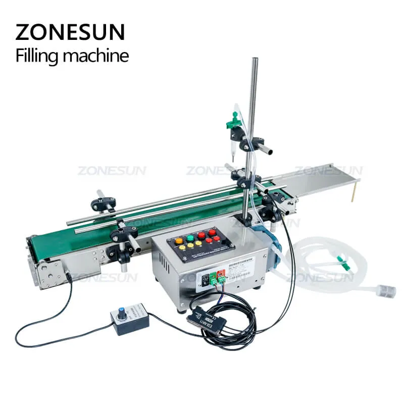 ZS-DTPP100C Single Nozzle Small Scale Glass Bottle Vial Perfume Liquid Filling Machine With Conveyor